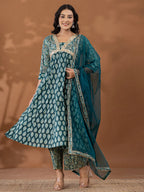 Yufta Cotton Green Anarkali Ethnic Motifs Kurta Dupatta Set | Grocsy