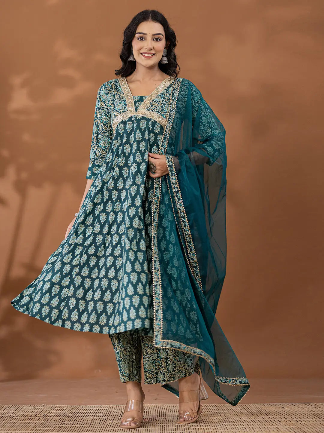 Yufta Cotton Green Anarkali Ethnic Motifs Kurta Dupatta Set | Grocsy