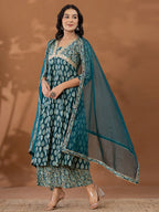 Yufta Cotton Green Anarkali Ethnic Motifs Kurta Dupatta Set | Grocsy