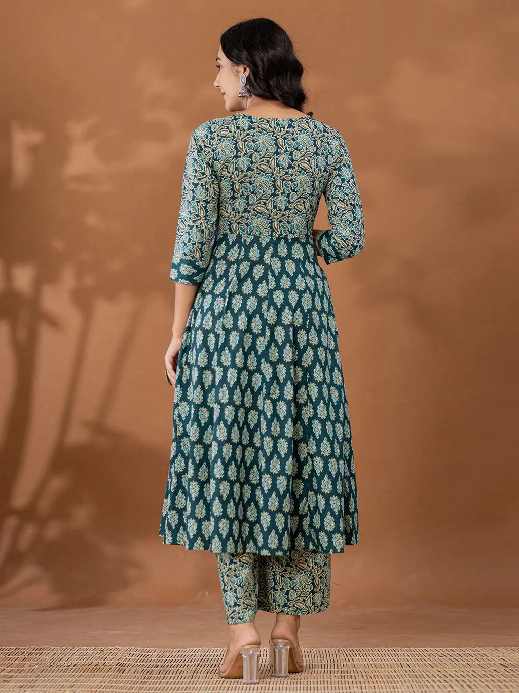 Yufta Cotton Green Anarkali Ethnic Motifs Kurta Dupatta Set | Grocsy