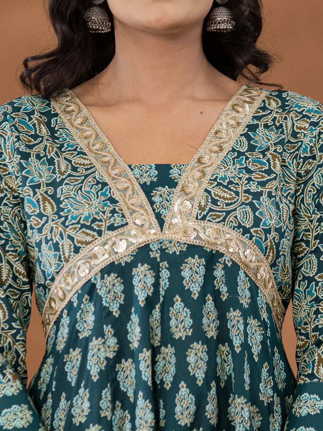 Yufta Cotton Green Anarkali Ethnic Motifs Kurta Dupatta Set | Grocsy