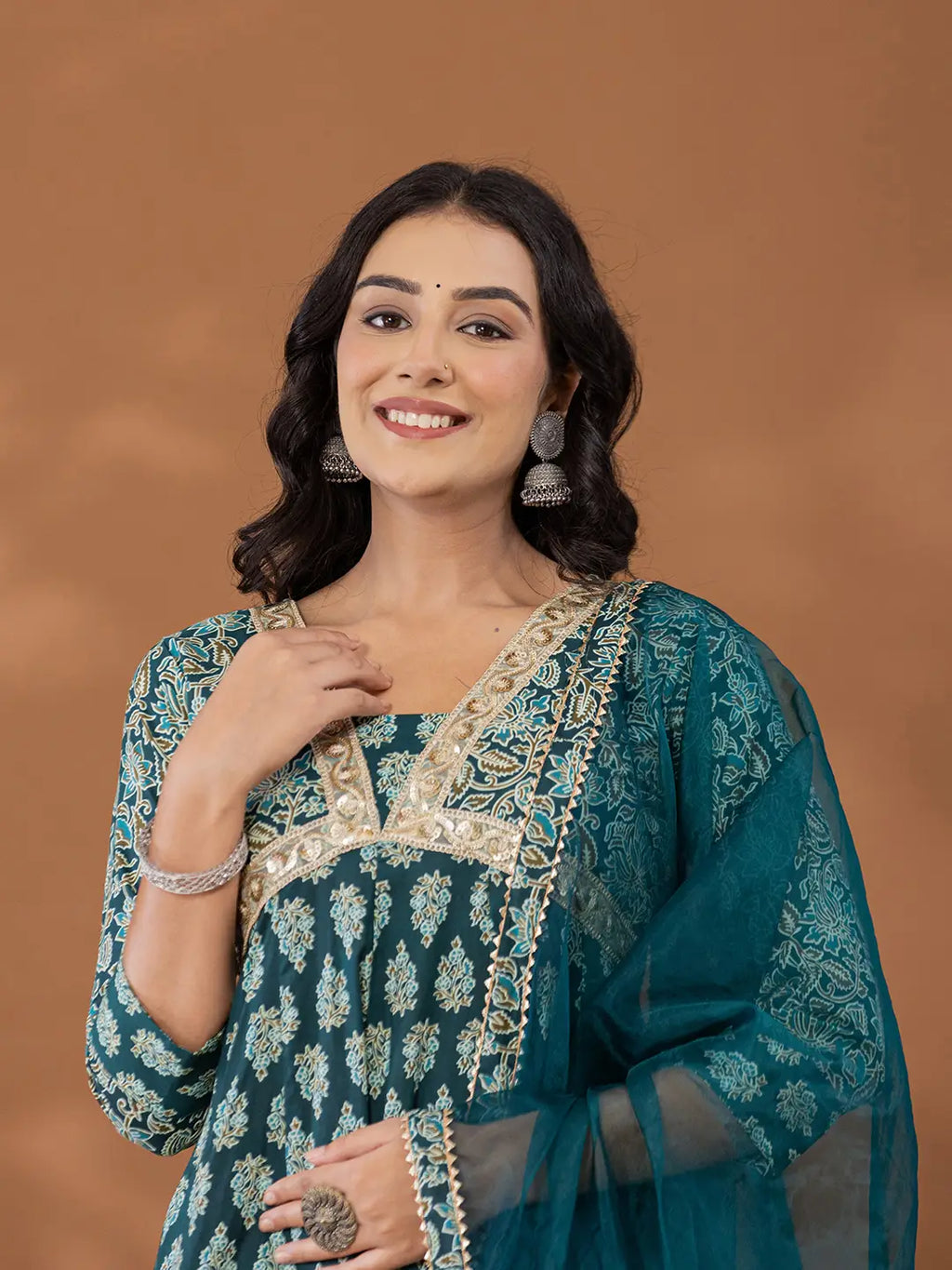 Yufta Cotton Green Anarkali Ethnic Motifs Kurta Dupatta Set | Grocsy