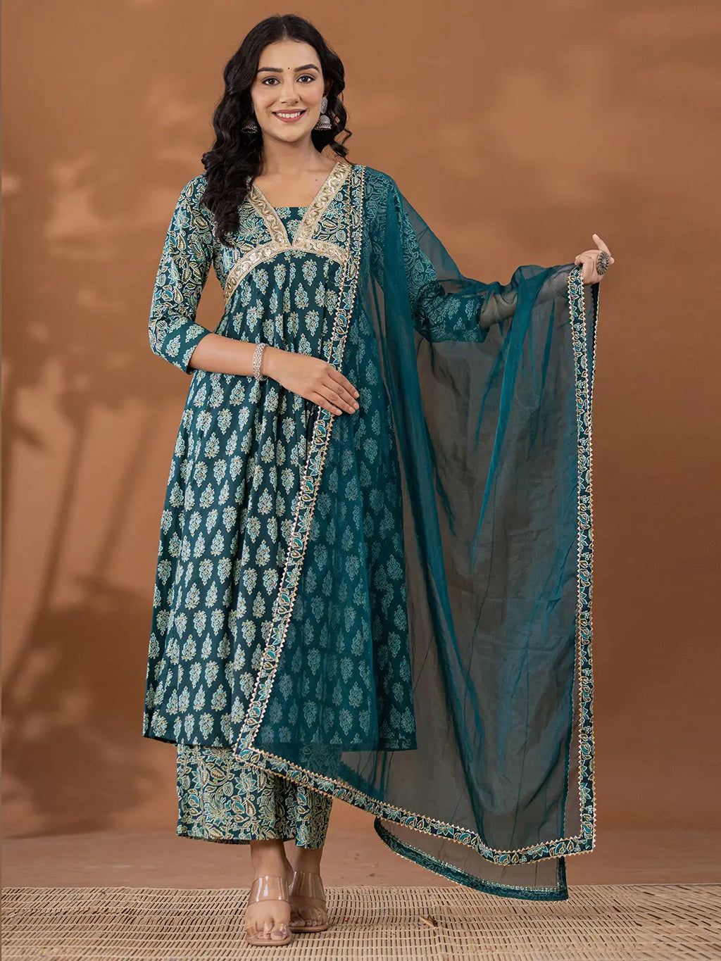 Yufta Cotton Green Anarkali Ethnic Motifs Kurta Dupatta Set | Grocsy