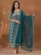 Yufta Cotton Green Anarkali Ethnic Motifs Kurta Dupatta Set | Grocsy
