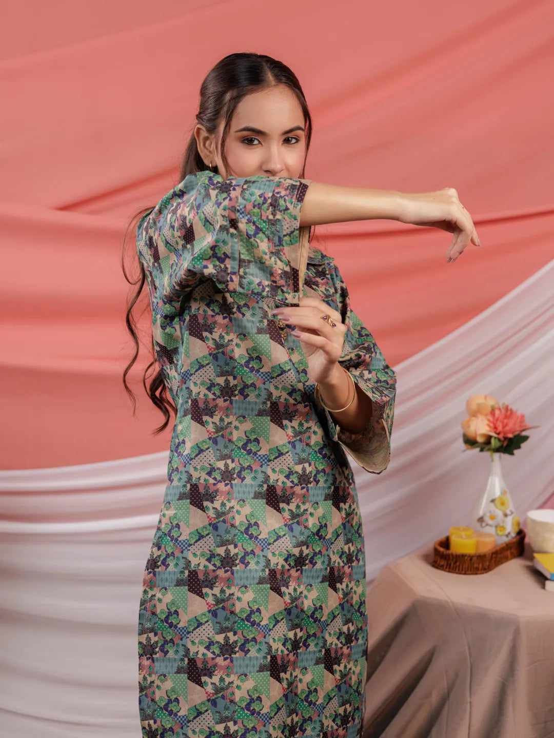 Yufta Cotton Green Digital Print Workwear Kurta Co Ord Set With Pintuck Detailing On Sleeves | Grocsy