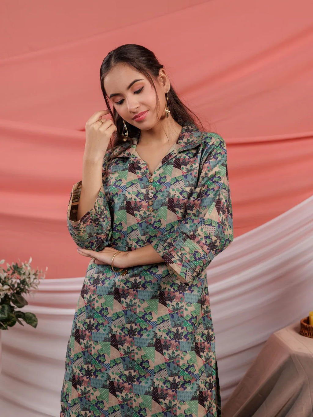 Yufta Cotton Green Digital Print Workwear Kurta Co Ord Set With Pintuck Detailing On Sleeves | Grocsy