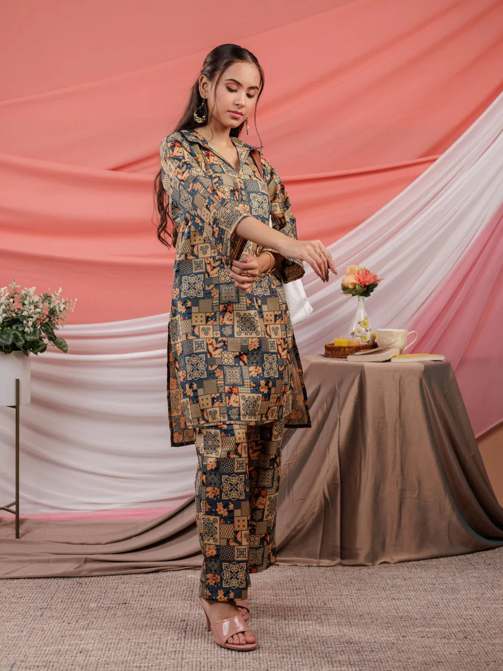 Yufta Cotton Green Digital Printed Workwear Co-Ord Set With Pintuck Detailing On Sleeves | Grocsy