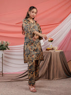Yufta Cotton Green Digital Printed Workwear Co-Ord Set With Pintuck Detailing On Sleeves | Grocsy