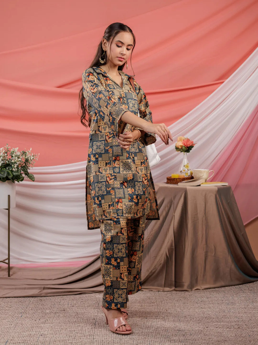 Yufta Cotton Green Digital Printed Workwear Co-Ord Set With Pintuck Detailing On Sleeves | Grocsy