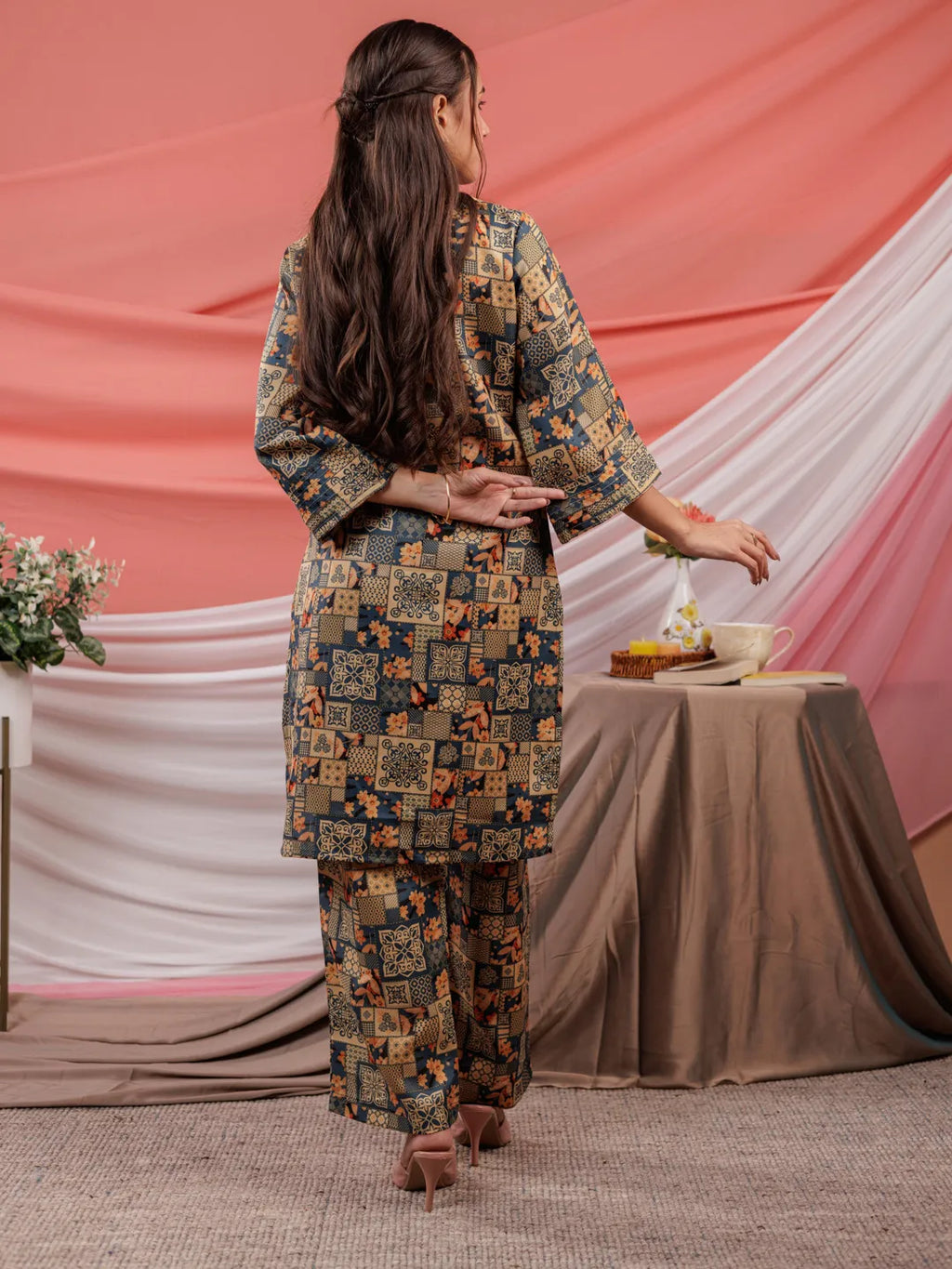 Yufta Cotton Green Digital Printed Workwear Co-Ord Set With Pintuck Detailing On Sleeves | Grocsy