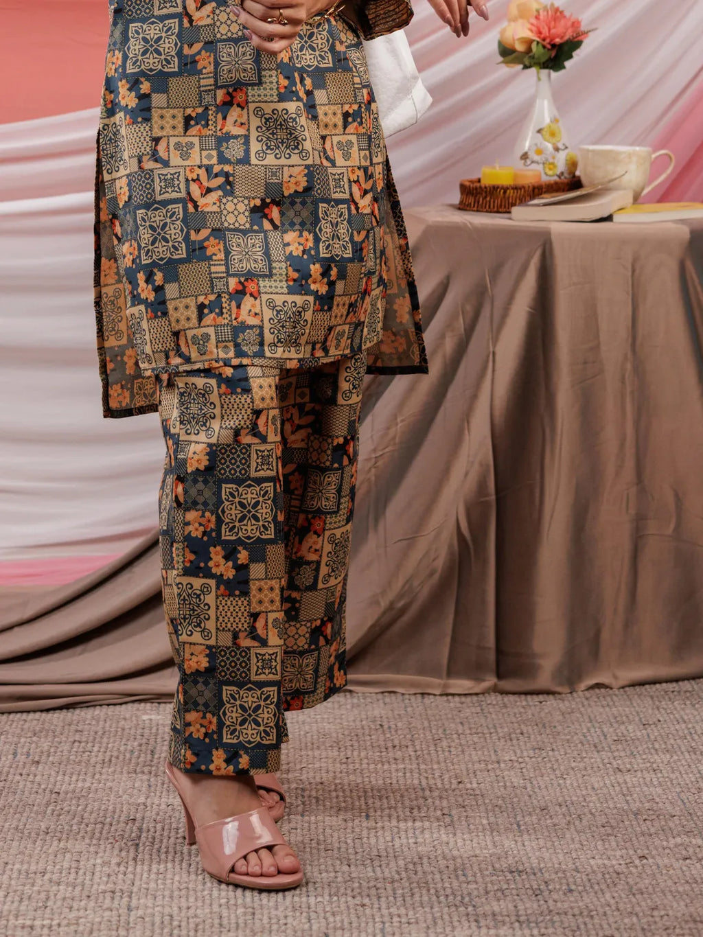 Yufta Cotton Green Digital Printed Workwear Co-Ord Set With Pintuck Detailing On Sleeves | Grocsy