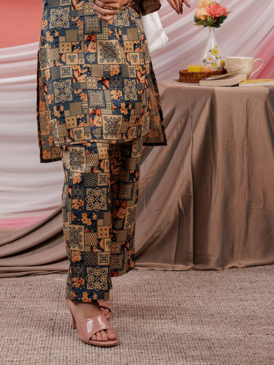 Yufta Cotton Green Digital Printed Workwear Co-Ord Set With Pintuck Detailing On Sleeves | Grocsy