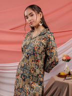 Yufta Cotton Green Digital Printed Workwear Co-Ord Set With Pintuck Detailing On Sleeves | Grocsy