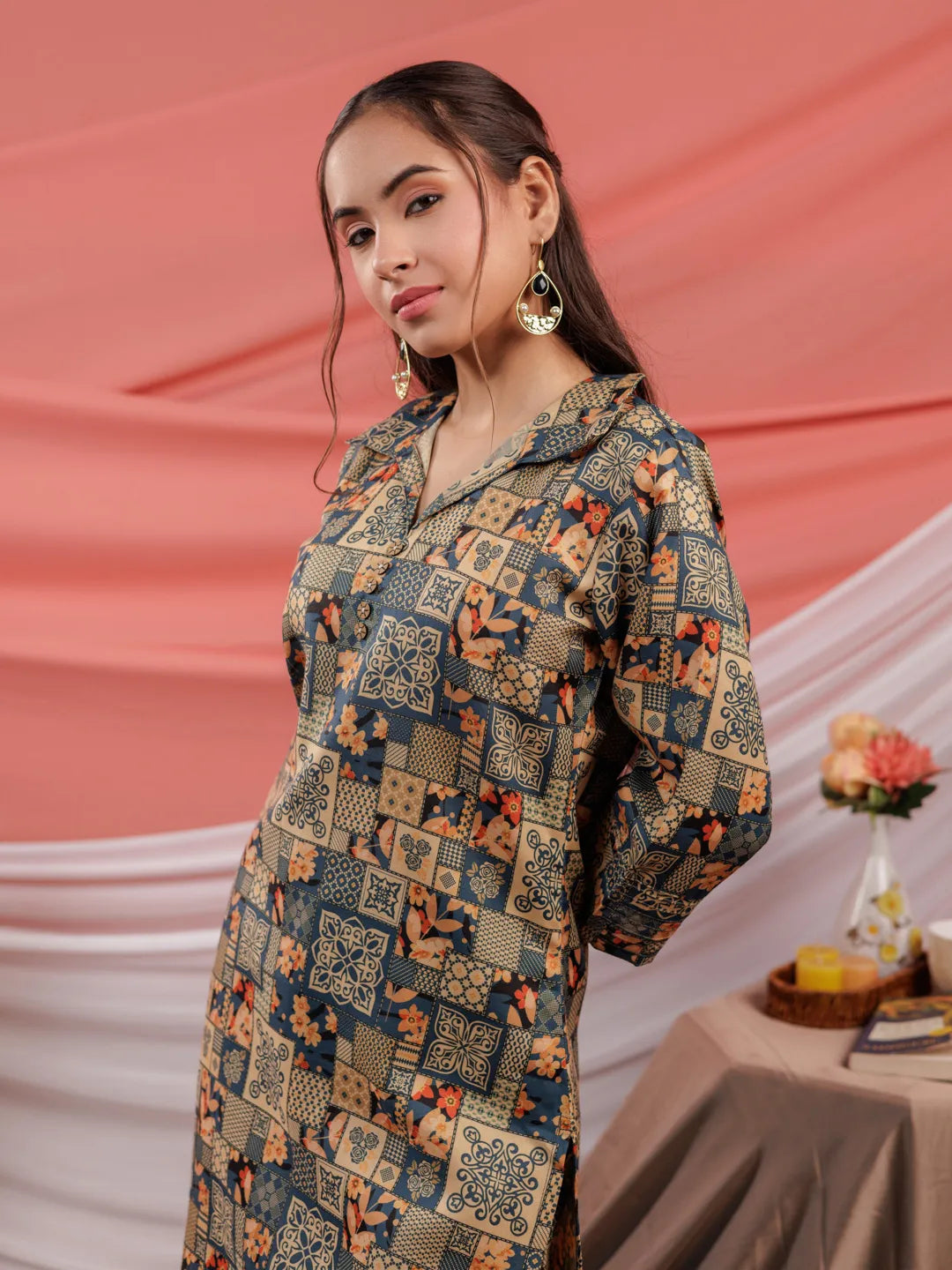 Yufta Cotton Green Digital Printed Workwear Co-Ord Set With Pintuck Detailing On Sleeves | Grocsy