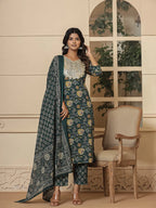 Yufta Cotton Green Embroidered Festive Wear Kurta Dupatta Set | Grocsy