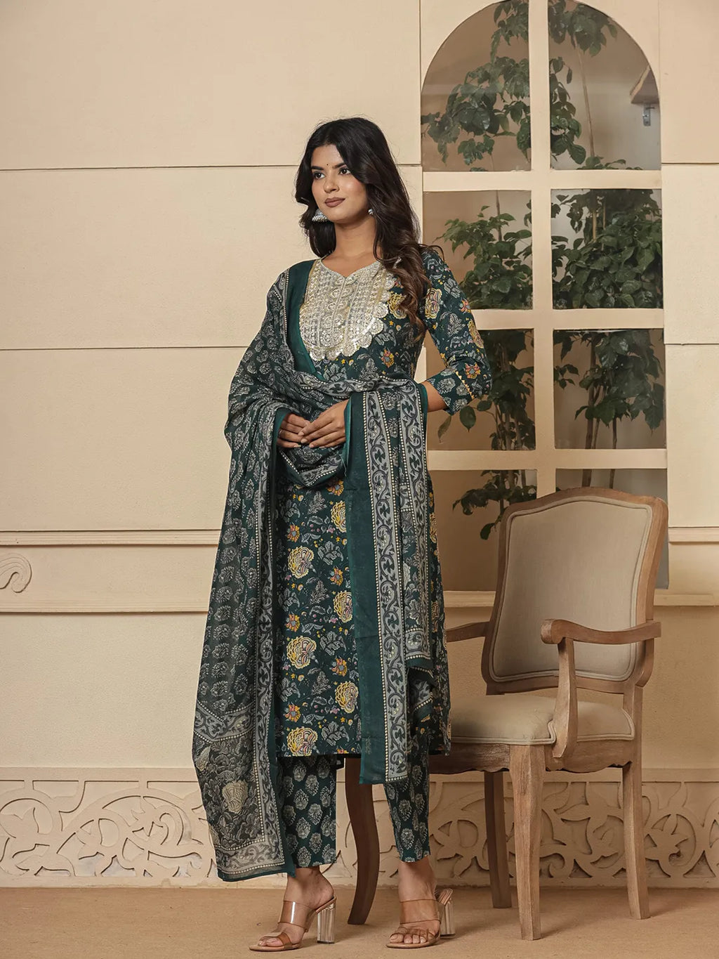 Yufta Cotton Green Embroidered Festive Wear Kurta Dupatta Set | Grocsy