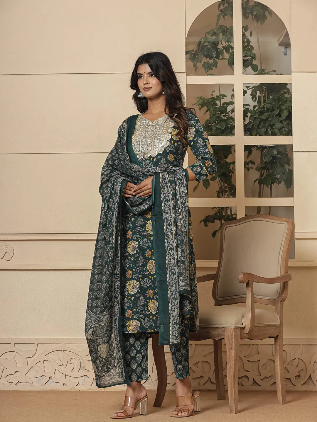 Yufta Cotton Green Embroidered Festive Wear Kurta Dupatta Set | Grocsy