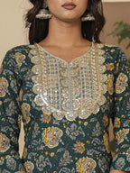 Yufta Cotton Green Embroidered Festive Wear Kurta Dupatta Set | Grocsy