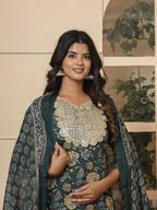 Yufta Cotton Green Embroidered Festive Wear Kurta Dupatta Set | Grocsy