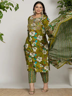 Yufta Cotton Green Embroidered Plus Size Kurta Dupatta Set | Grocsy