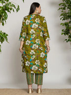 Yufta Cotton Green Embroidered Plus Size Kurta Dupatta Set | Grocsy
