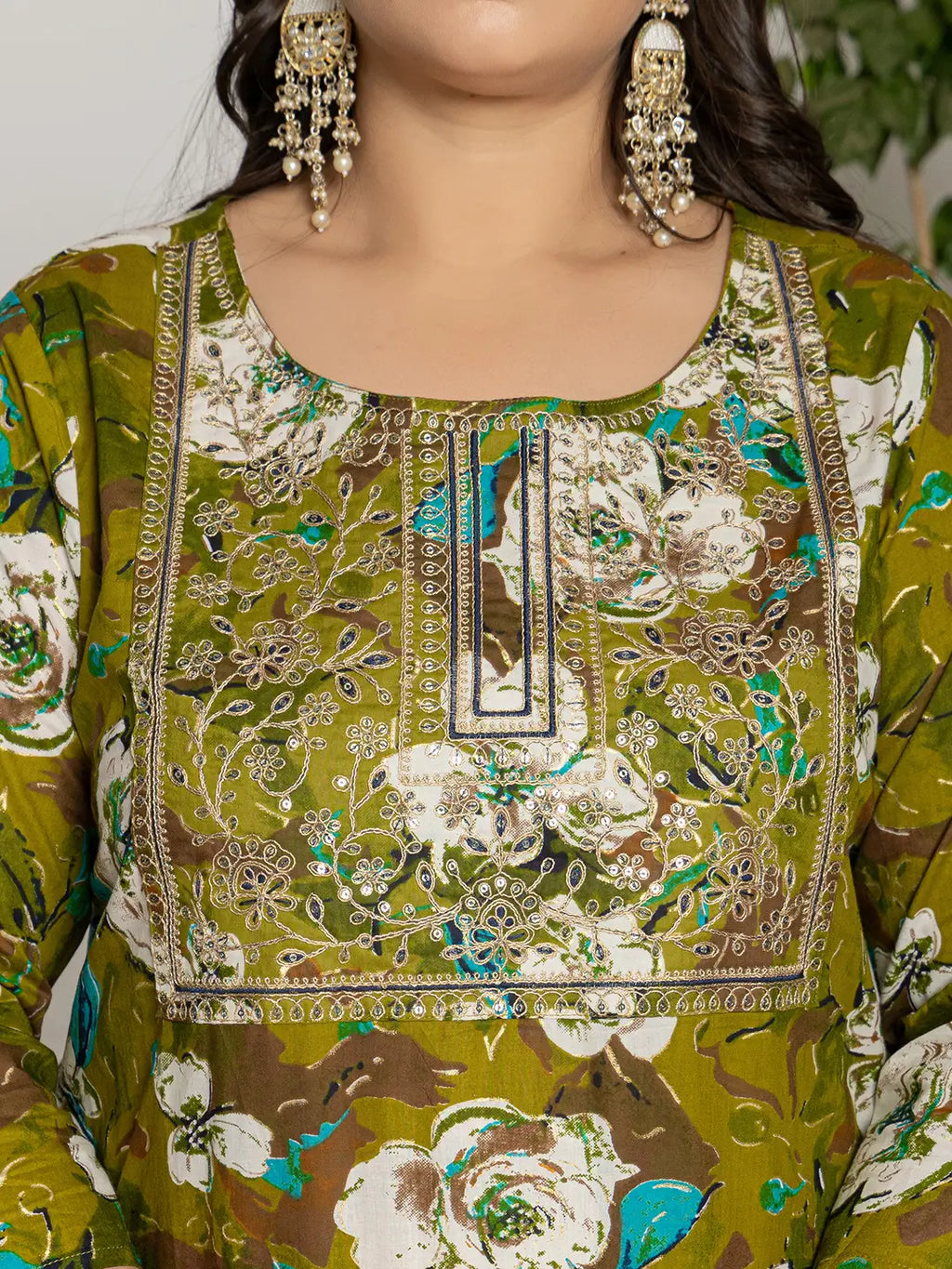 Yufta Cotton Green Embroidered Plus Size Kurta Dupatta Set | Grocsy