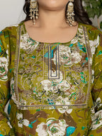 Yufta Cotton Green Embroidered Plus Size Kurta Dupatta Set | Grocsy