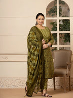 Yufta Cotton Green Kantha_Work Plus Size Kurta Dupatta Pant Set | Grocsy