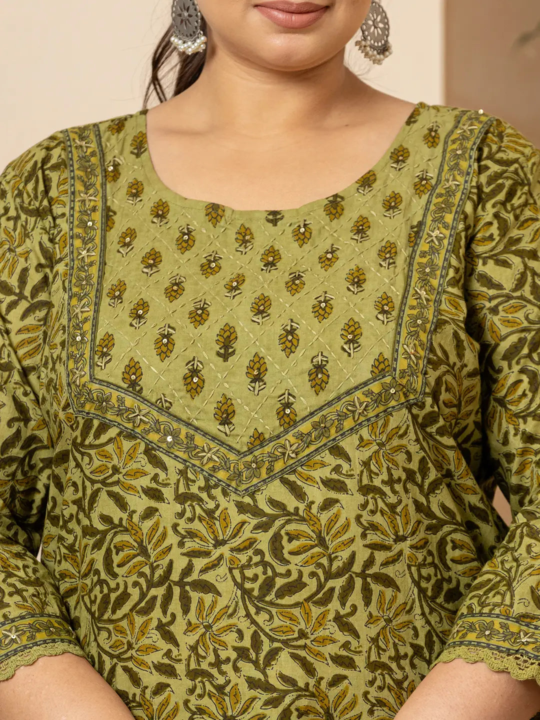 Yufta Cotton Green Kantha_Work Plus Size Kurta Dupatta Pant Set | Grocsy