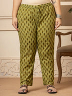 Yufta Cotton Green Kantha_Work Plus Size Kurta Dupatta Pant Set | Grocsy