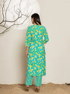 Yufta Cotton Green Kurta Dupatta Pant Set | Grocsy