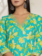 Yufta Cotton Green Kurta Dupatta Pant Set | Grocsy