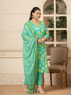 Yufta Cotton Green Plus Size Kurta Dupatta Pant Set | Grocsy