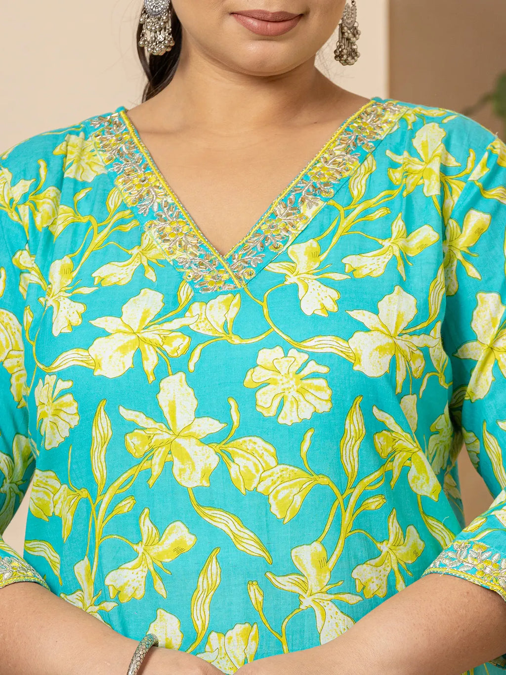 Yufta Cotton Green Plus Size Kurta Dupatta Pant Set | Grocsy