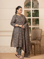 Yufta Cotton Green Plus Size Kurta Dupatta Set | Grocsy