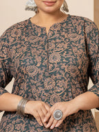 Yufta Cotton Green Plus Size Kurta Dupatta Set | Grocsy