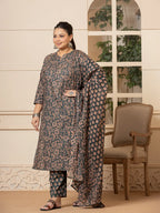 Yufta Cotton Green Plus Size Kurta Dupatta Set | Grocsy