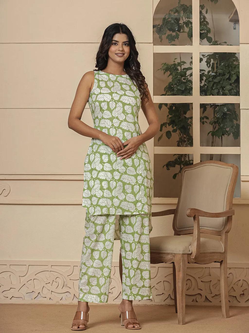 Yufta Cotton Green Summer Leaf Print Co-Ord Set | Grocsy