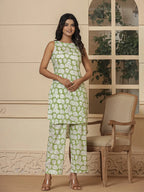 Yufta Cotton Green Summer Leaf Print Co-Ord Set | Grocsy