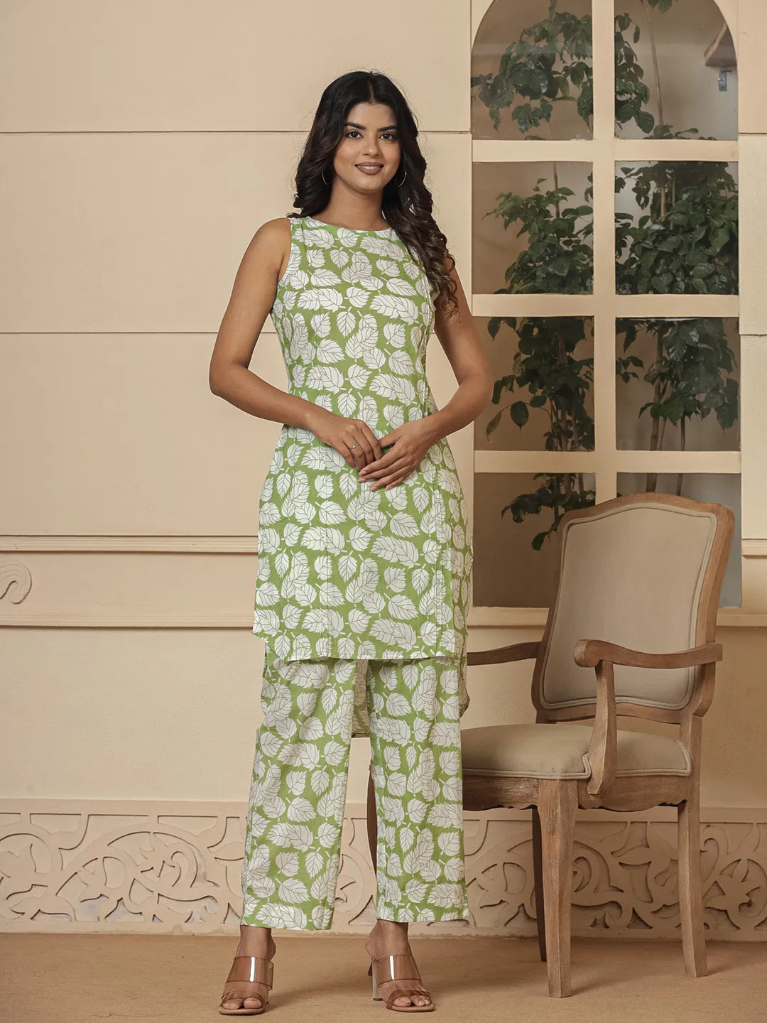 Yufta Cotton Green Summer Leaf Print Co-Ord Set | Grocsy