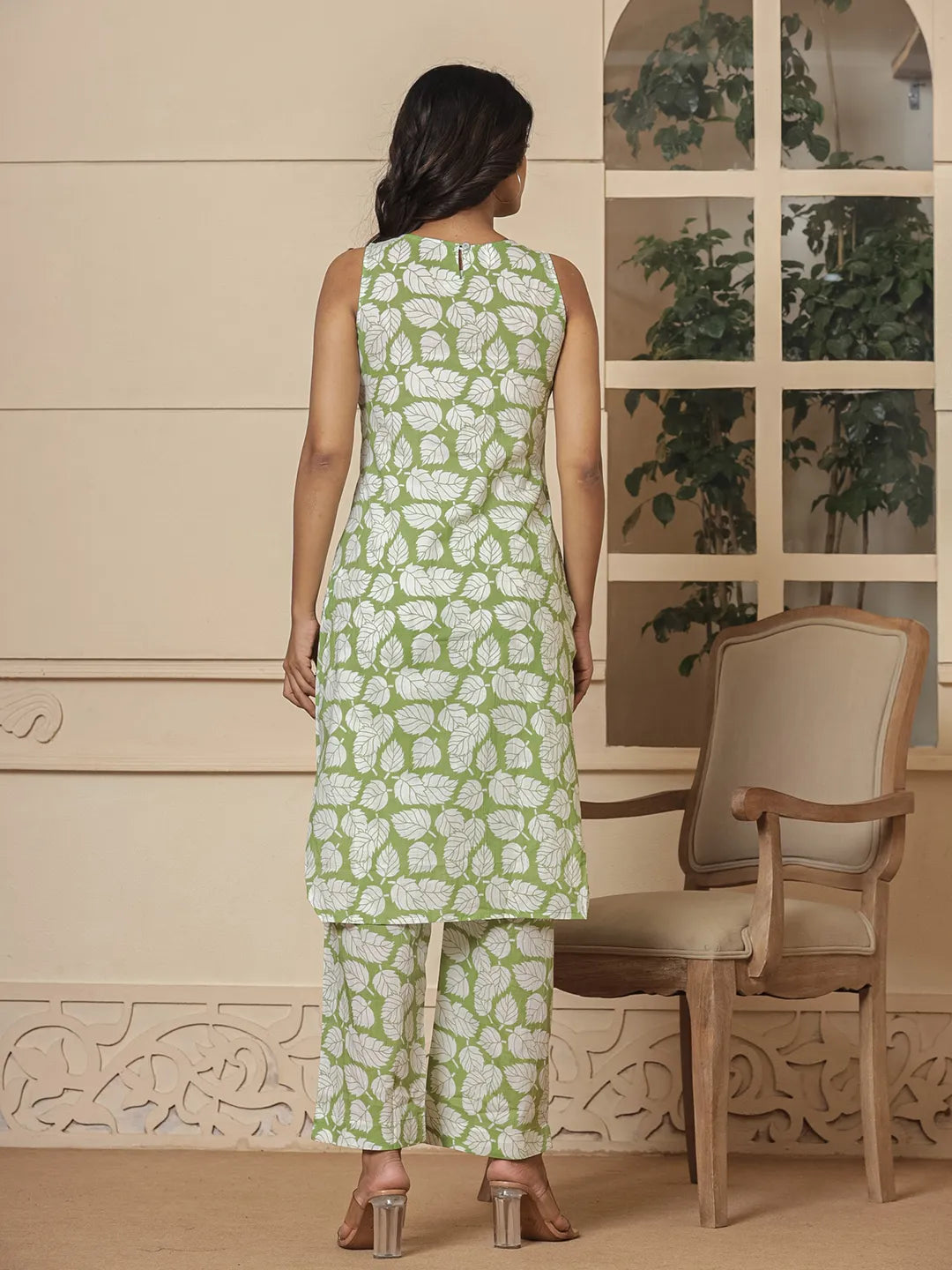 Yufta Cotton Green Summer Leaf Print Co-Ord Set | Grocsy