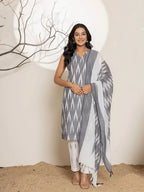 Yufta Cotton Grey Ikat Print Kurta Dupatta Set | Grocsy