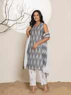 Yufta Cotton Grey Ikat Print Kurta Dupatta Set | Grocsy