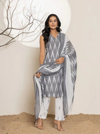 Yufta Cotton Grey Ikat Print Kurta Dupatta Set | Grocsy