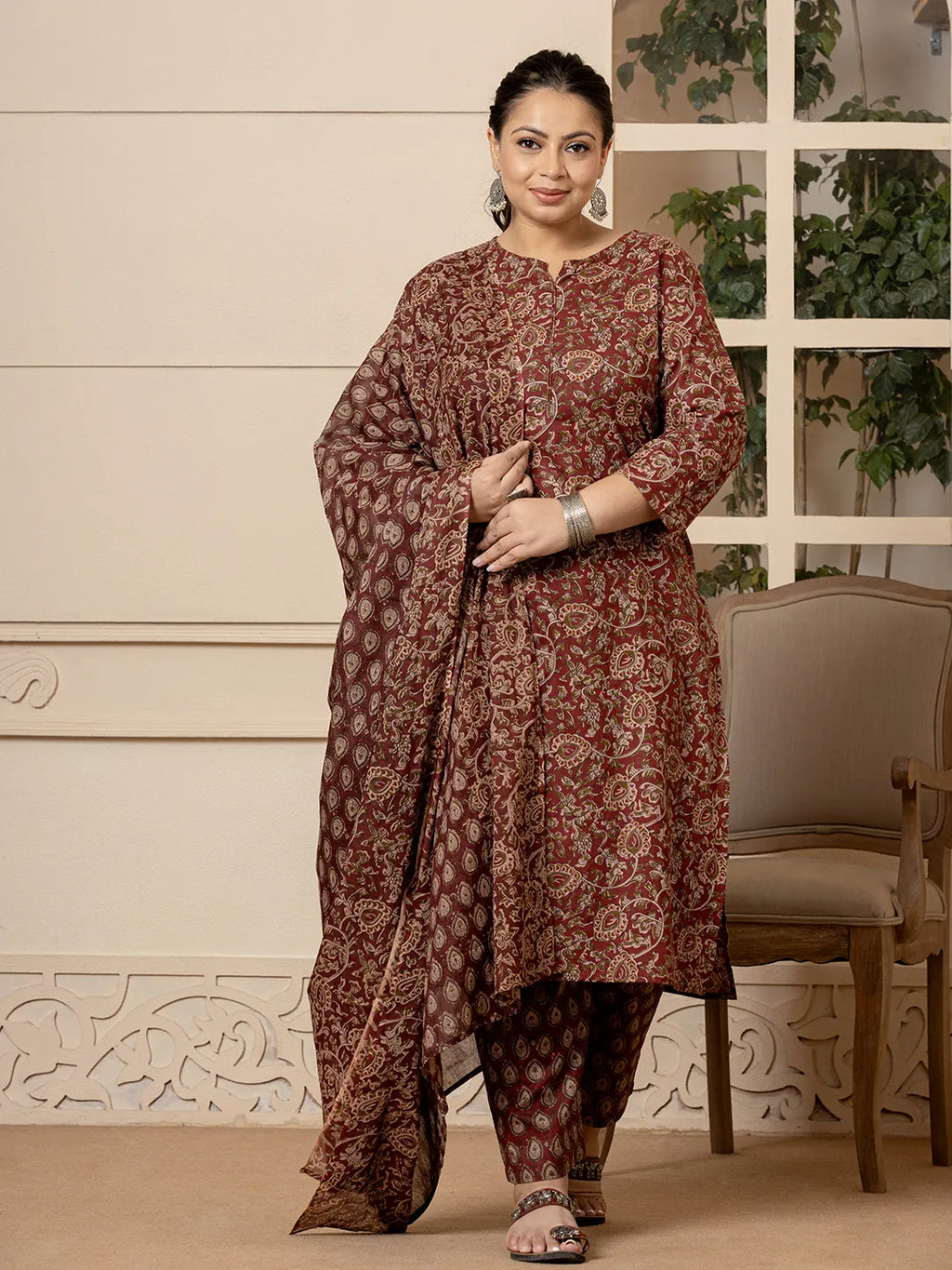 Yufta Cotton Maroon Plus Size Kurta Dupatta Set | Grocsy