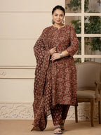 Yufta Cotton Maroon Plus Size Kurta Dupatta Set | Grocsy