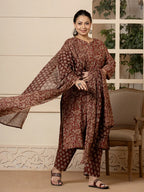 Yufta Cotton Maroon Plus Size Kurta Dupatta Set | Grocsy