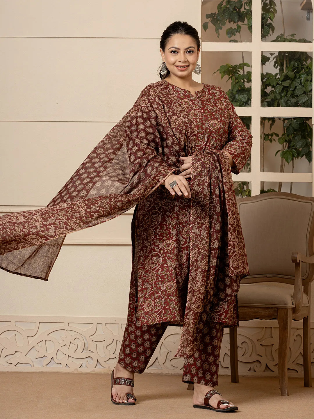 Yufta Cotton Maroon Plus Size Kurta Dupatta Set | Grocsy