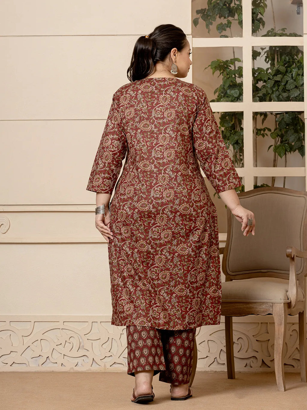 Yufta Cotton Maroon Plus Size Kurta Dupatta Set | Grocsy