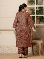 Yufta Cotton Maroon Plus Size Kurta Dupatta Set | Grocsy